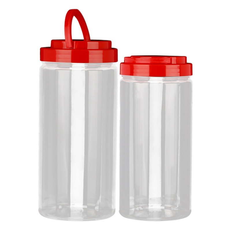 pet Transparent Plastic Straight Bottle Diameter 7.5 Series Cylindrical Sealed Bottle with Handle Cover Wide Mouth Storage Bottle