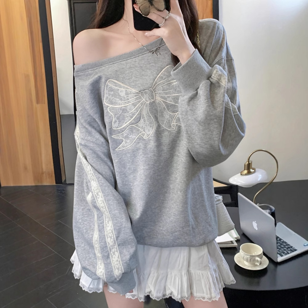 Oblique Collar Bow Embroidered Grey Sweat Women's Autumn and Winter Design Lace Lace Loose Lazy Elegant Fashionable Top