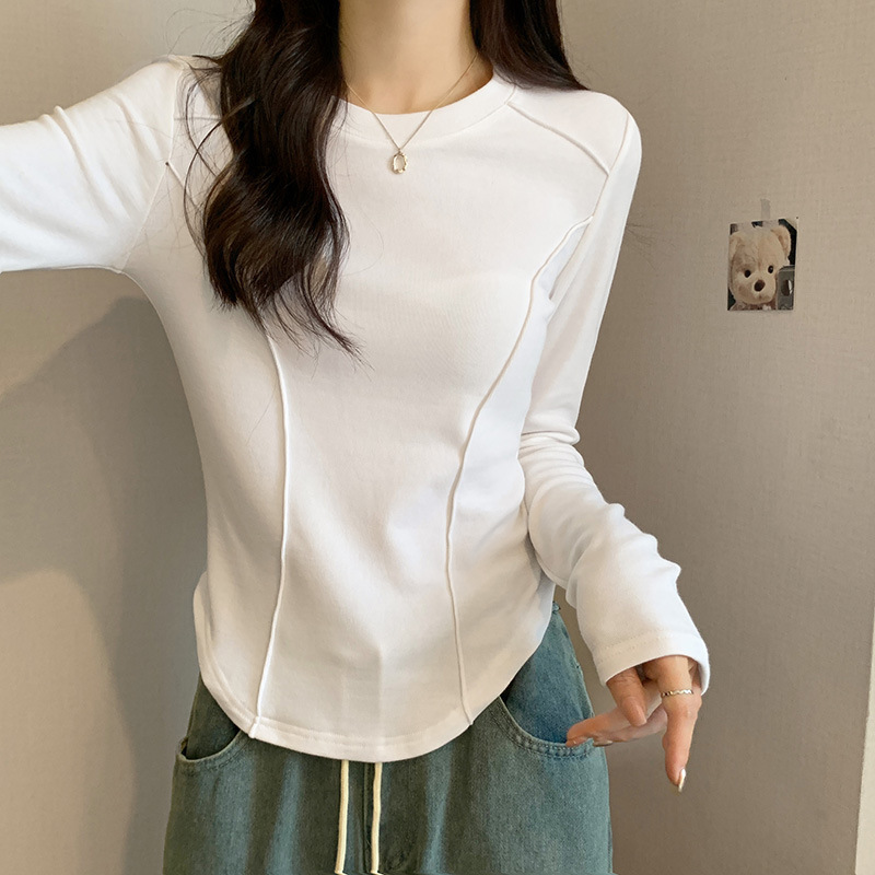 2024 Autumn and Winter New Short Student Jacket Slim-fit Foreign-style Sanding T-shirt Long Sleeve Fleece Base Shirt for Women