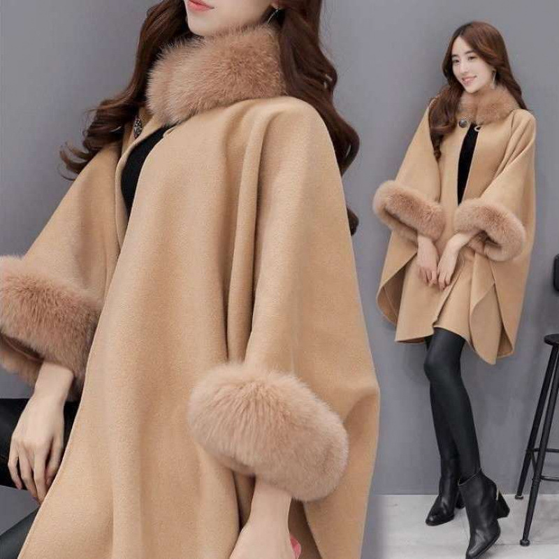 Women's Wool Coat Faux Fox Wool Collar Styish Slim-Fit Cloak Autumn and Winter New Elegant Cape plus size Autumn and Winter New