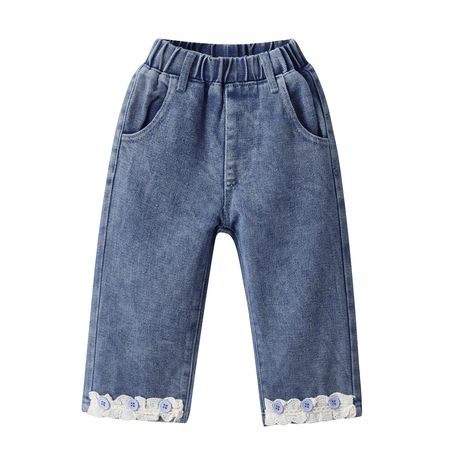 Picture of Girls' Jeans Spring and Autumn New Fashionable Lace Lace Casual Pants Baby Female Korean Style Western Style Straight Trendy Trousers