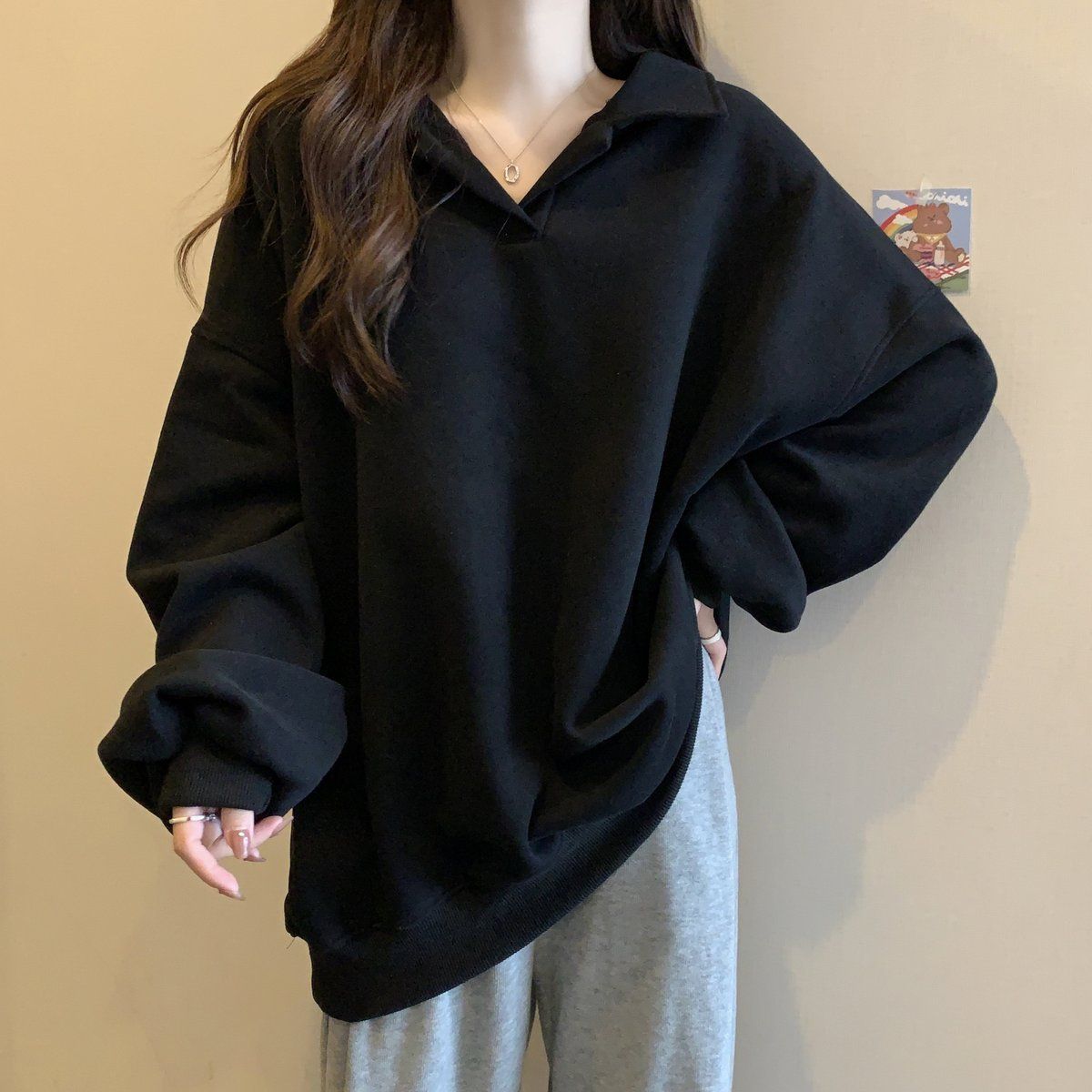 Autumn and Winter Velvet Pure Color Simple Polo Collar Sweatshirt for Women 100kg Plus Size Large Size Loose Flesh-Covering Long-Sleeved Top