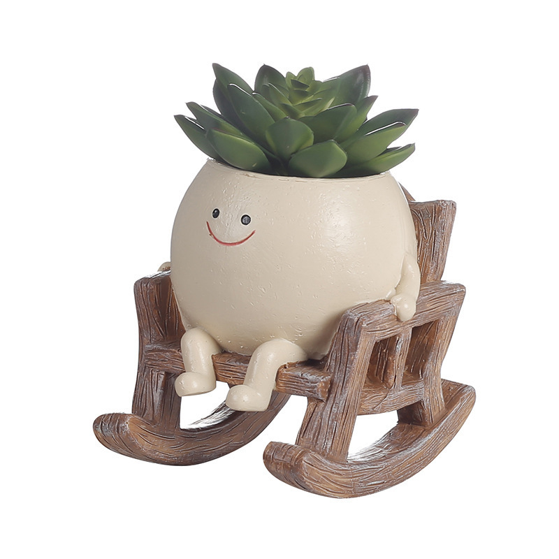 Picture of Creative New Home Office Fleshy Flower Pot Cute Rocking Chair Round Face Sitting Flower Pot Plant Decorative Ornaments