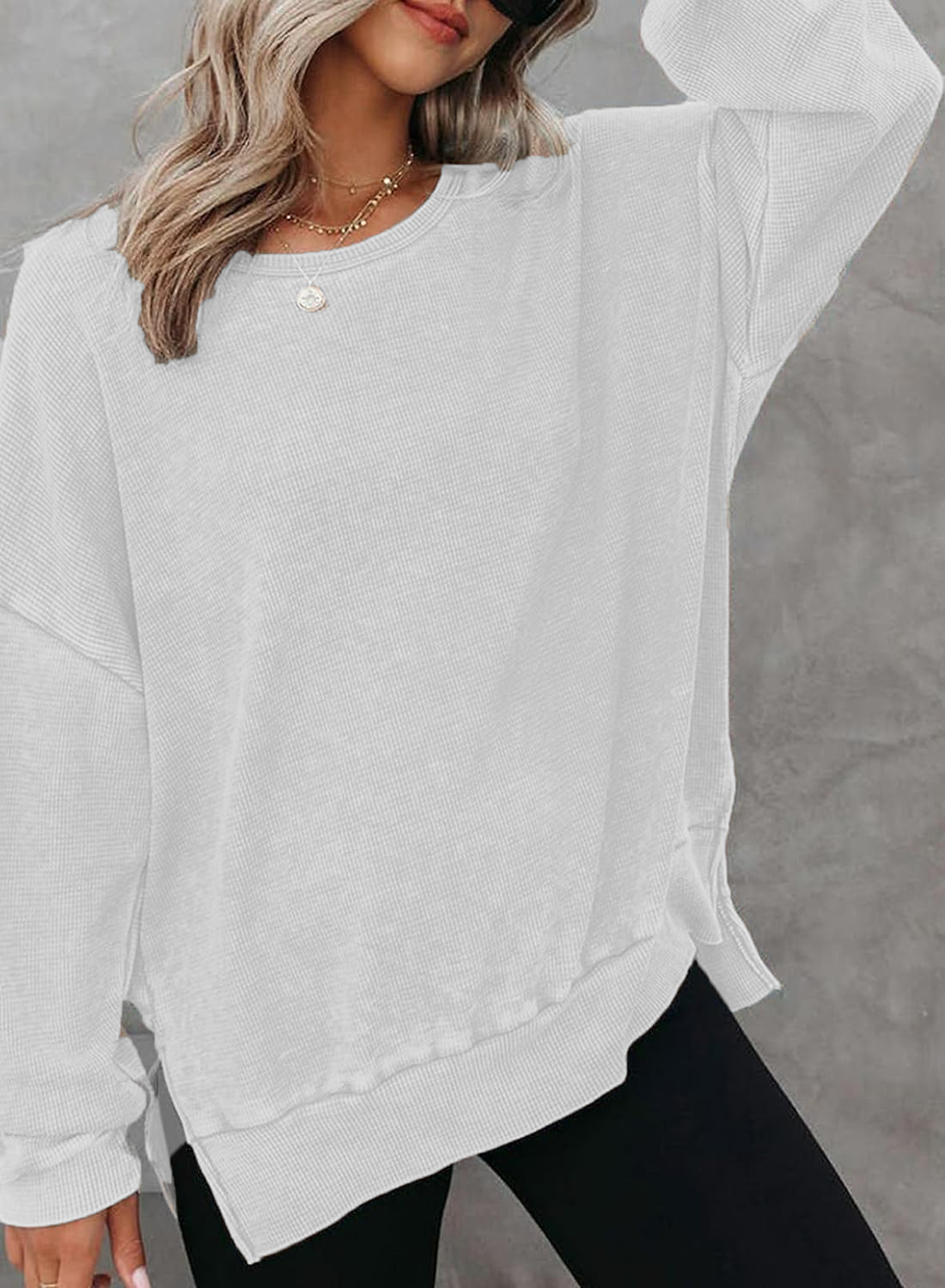 Picture of 2025 European and American Cross-Border Women's Clothing Amazon Autum New Round Neck Long-Sleeved Side Slit Waffle Sweatshirt T-Shirt for Women
