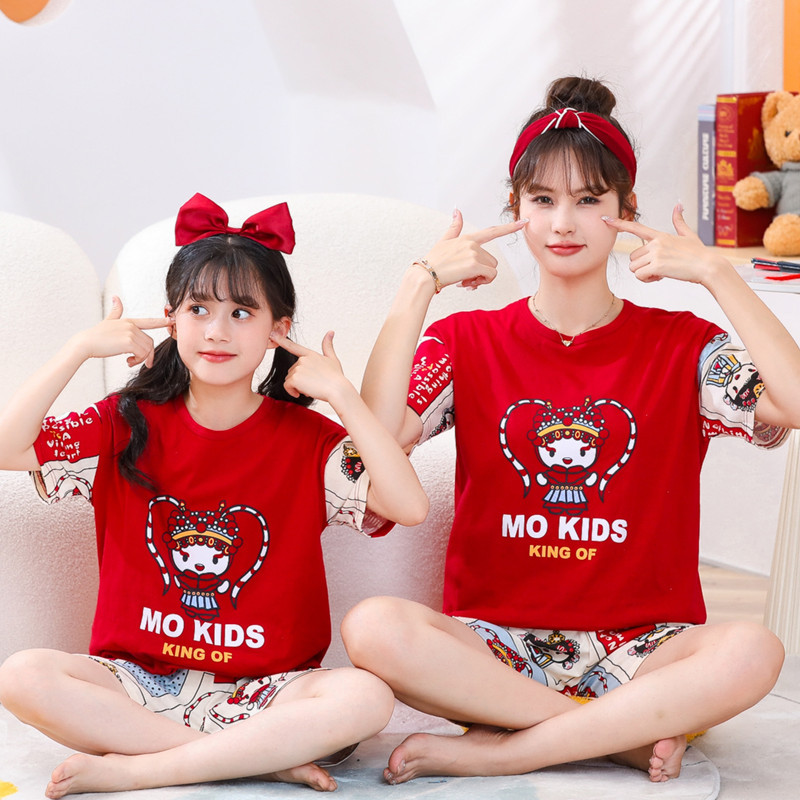 Picture of Children's Pure Cotton Short-Sleeved Home Clothes Set Family Mother-Daughter Home Cartoon Princess 2-Piece Set Summer Thin Cotton