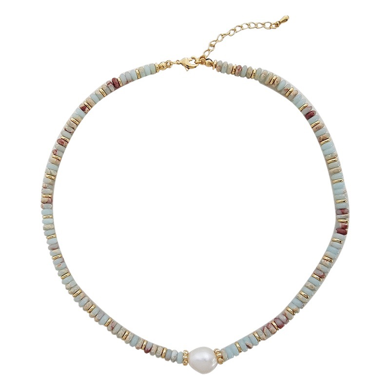 Picture of Natural Stone Colorful Beaded Hand Necklace Fashion Baroque Cultured Pearl Bracelet Light Luxury Niche Lockbone Chain 1695