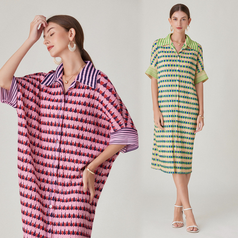 in stock Real Shot-Miyake Fold 2024 Fashion Printing Fold Single-breasted Long dress