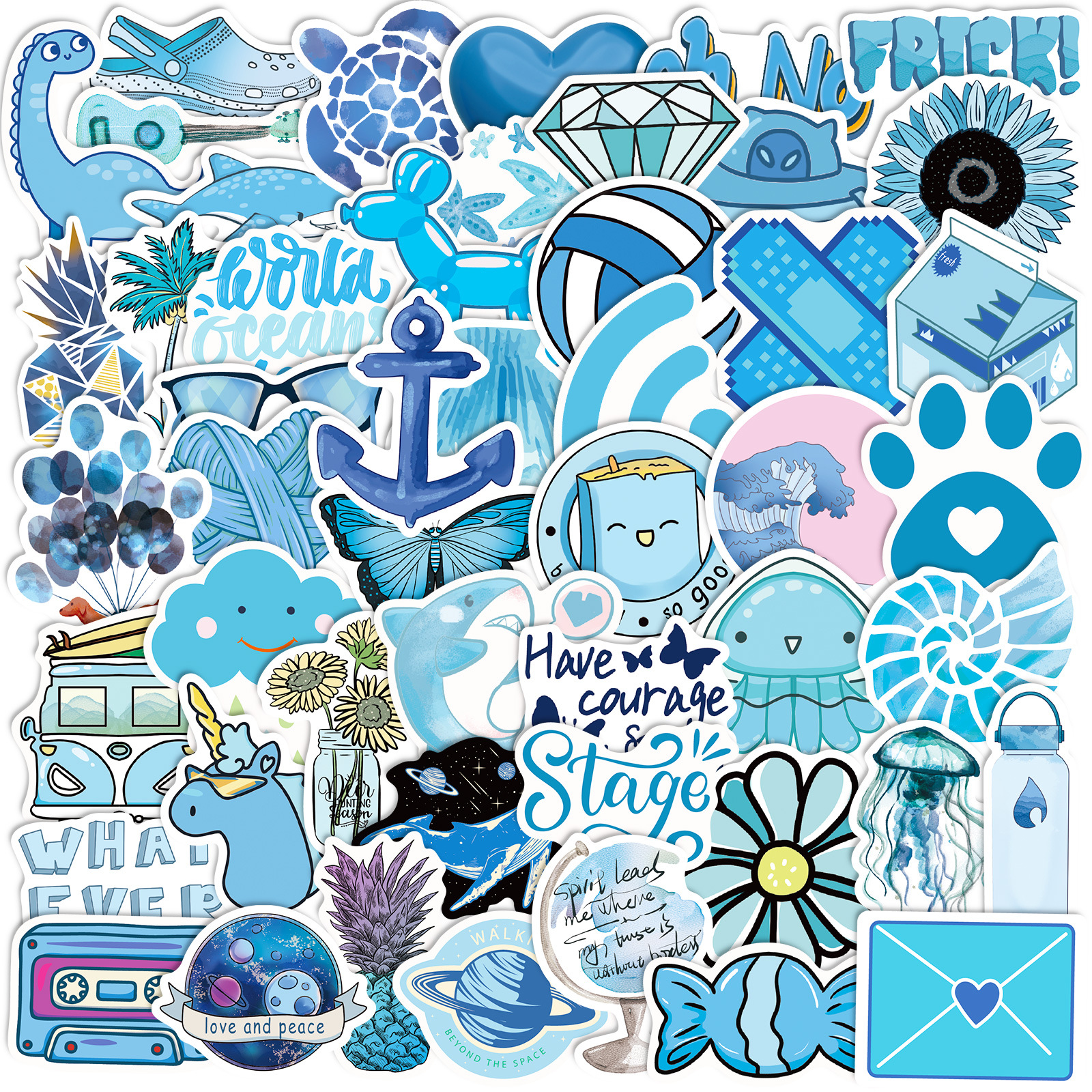Big Sale 50 Pieces of Blue Small Fresh Ins Graffiti Stickers Vsco Blue Ocean Style Small Fresh Thermos Cup Stickers