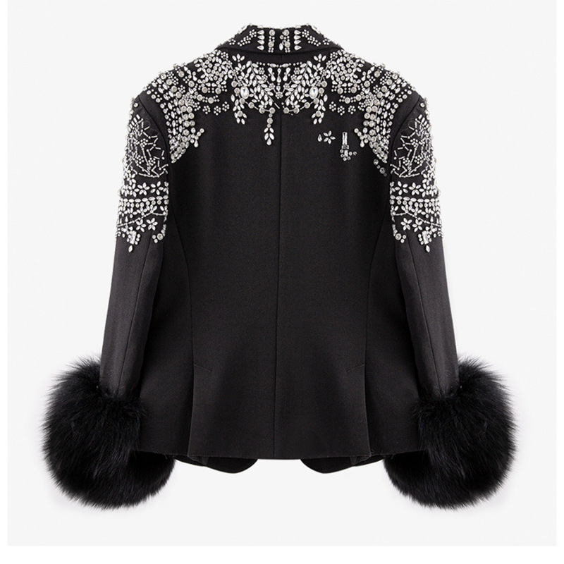 Picture of Spring and Autumn One-Button Long-Sleeved Dress Collar Heavy Industry Diamond Decoration Black Plush Cuff Slim-Fit Slimming Jacket for Women