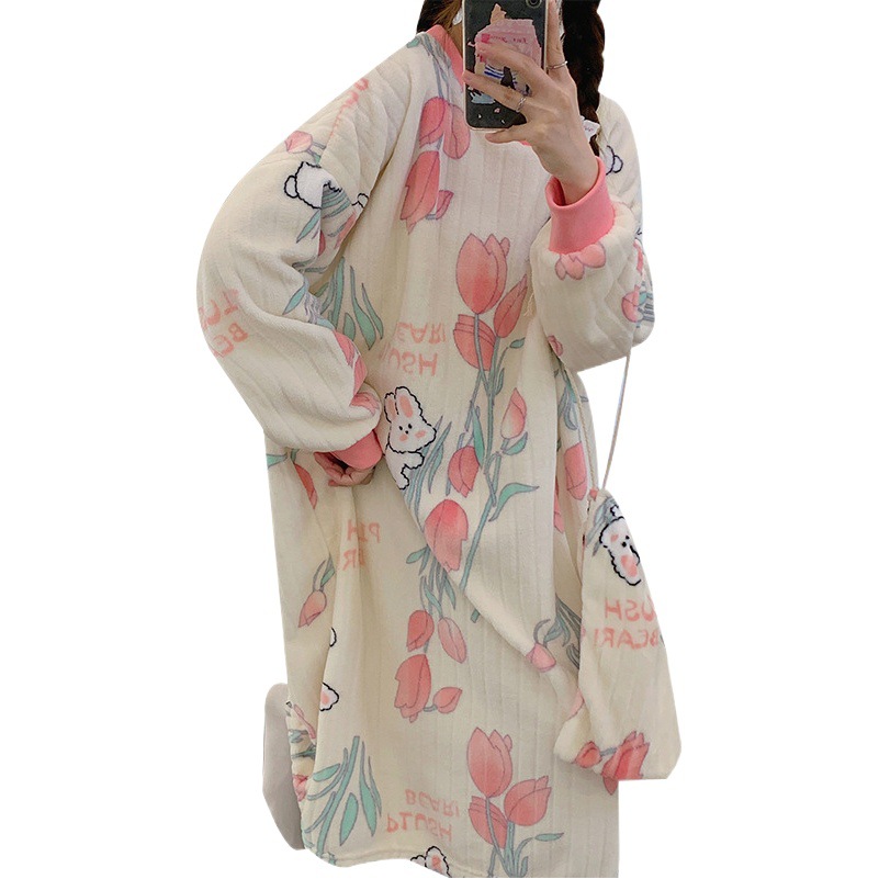 Autumn and Winter flannel nightdress women's sweet long-sleeved mid-length nightdress plus size plus size chubby girl homewear