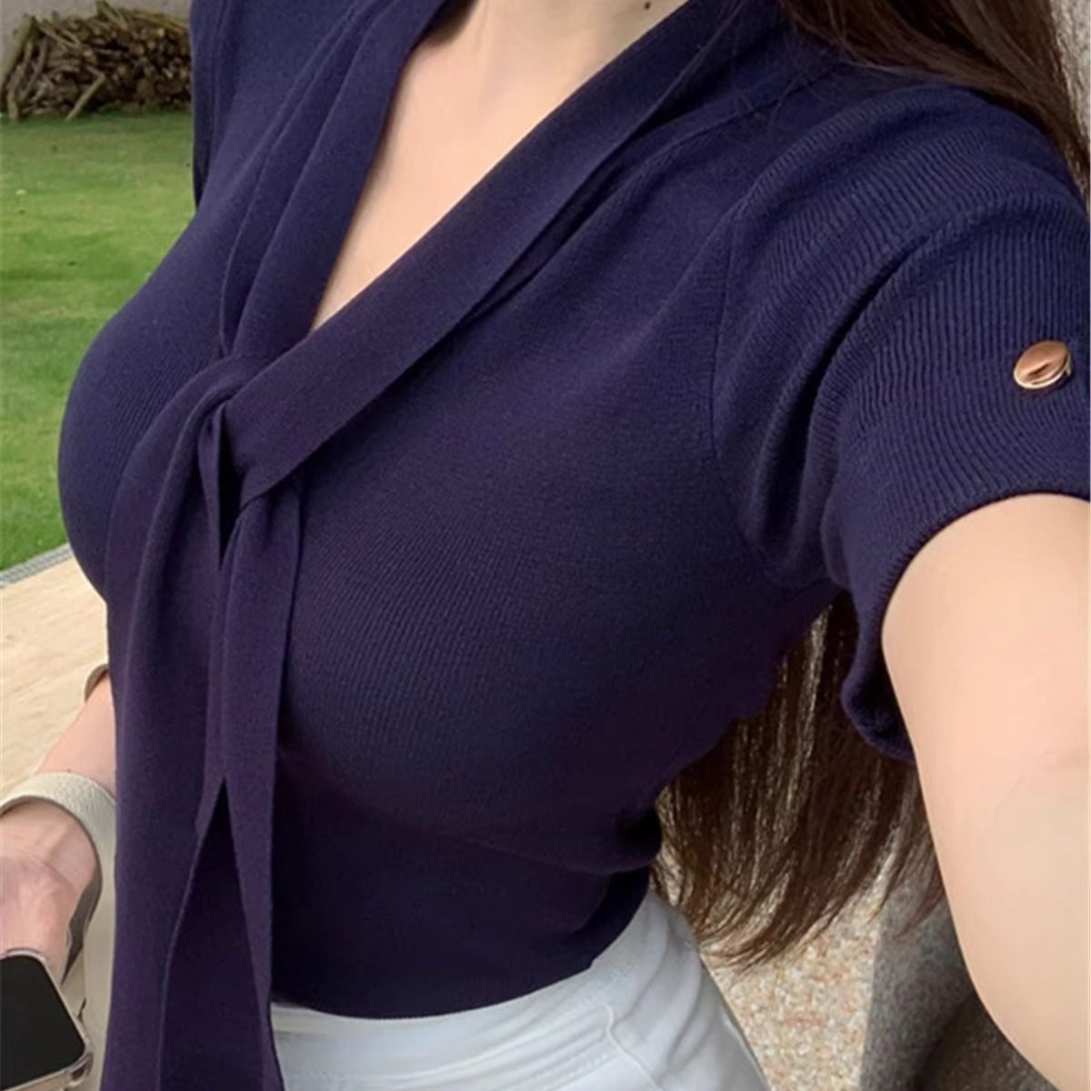 Royal sister high-end streamer front shoulder T-shirt female summer tea smell new shirt chic mature and beautiful top trend