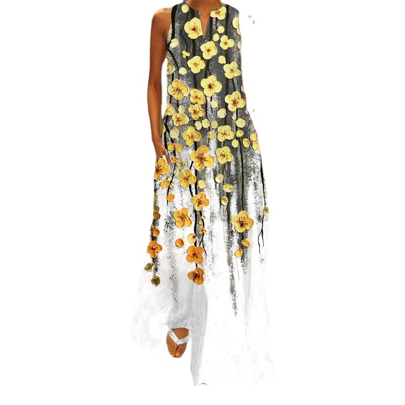2024 Summer Independent Station New European and American Retro Printed Dress V-Neck Multicolor Long Sexy Sleeveless dress