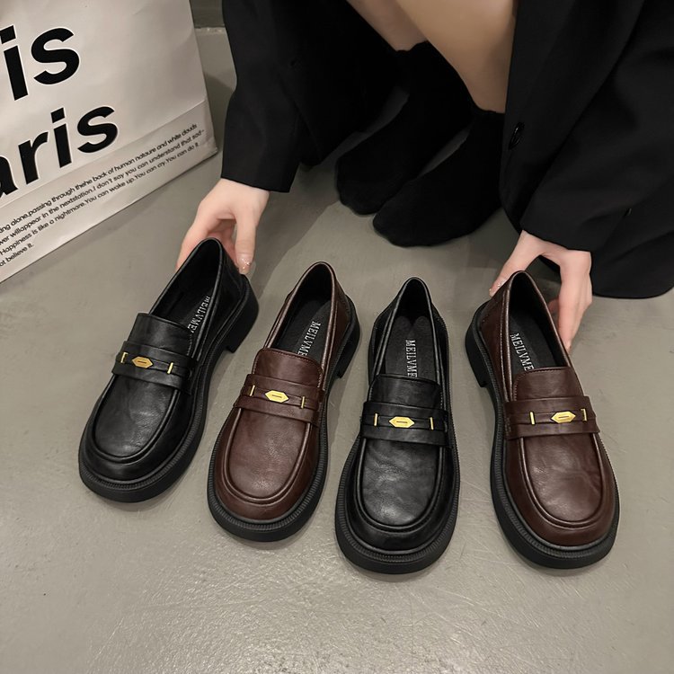 High-end British Style Loafers Women's 2024 New All-match Commuter Loop Small Leather Shoes Mid-heel Round-toe Single-layer Shoes