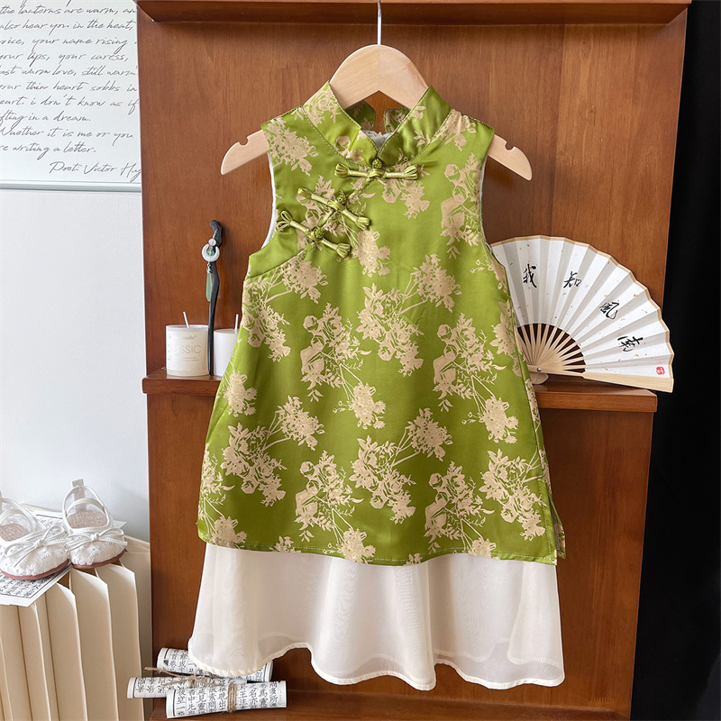 New 2025 Western Style Thin Girls and Little Girls Improved Cheongsam Summer New Chinese Han Dynasty Chinese Style Dress
