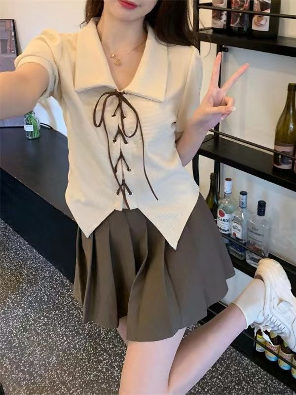 Plus Size Niche Strappy Short-Sleeved Shirt for Women Summer and Autumn New Fat Girl Loose Flesh-Covering Chic Short Long-Sleeved Top