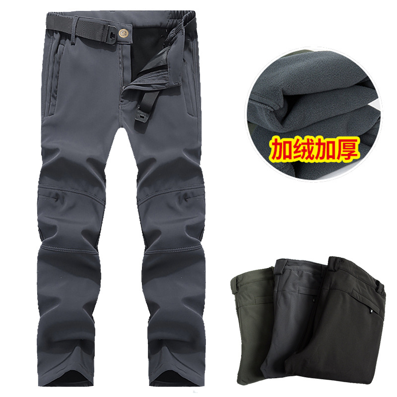 Cross-border Outdoor Charge Pants Men's Winter Warm Fleece-lined Ski Soft Shell Pants Windproof Cold-proof Thickened Multi-bag Mountaineering Pants
