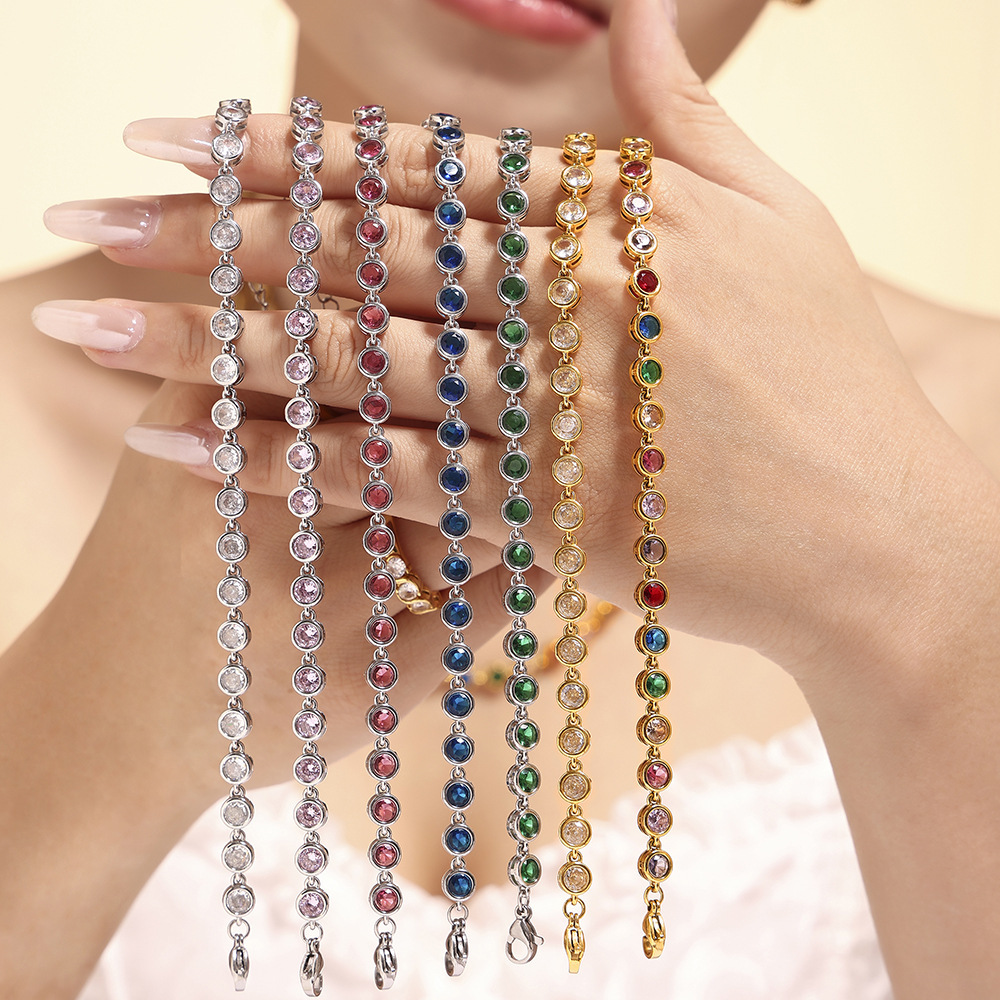 Dopamine Colorful Round Bead Zircon Necklace Bracelet Titanium Steel PVD Plated 18K Gold Bohemian Super Flash Jewelry suit