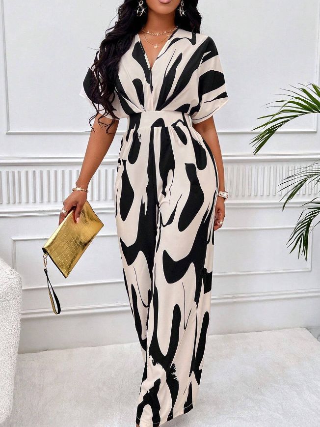 Cross-border 2024 Amazon AliExpress Europe and the United States spring and summer new short sleeve printed waist jumpsuit fashion wide leg women