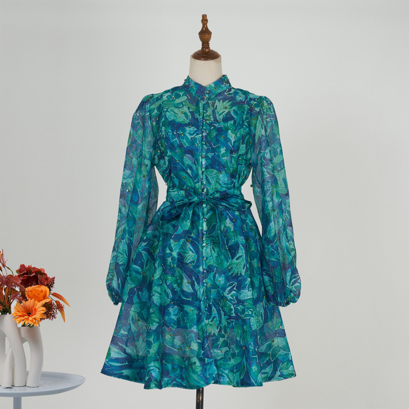 Cross-border in stock New Comfortable Holiday Style Fashion Design Sense Strap Printed Collar Lantern Sleeve dress Women