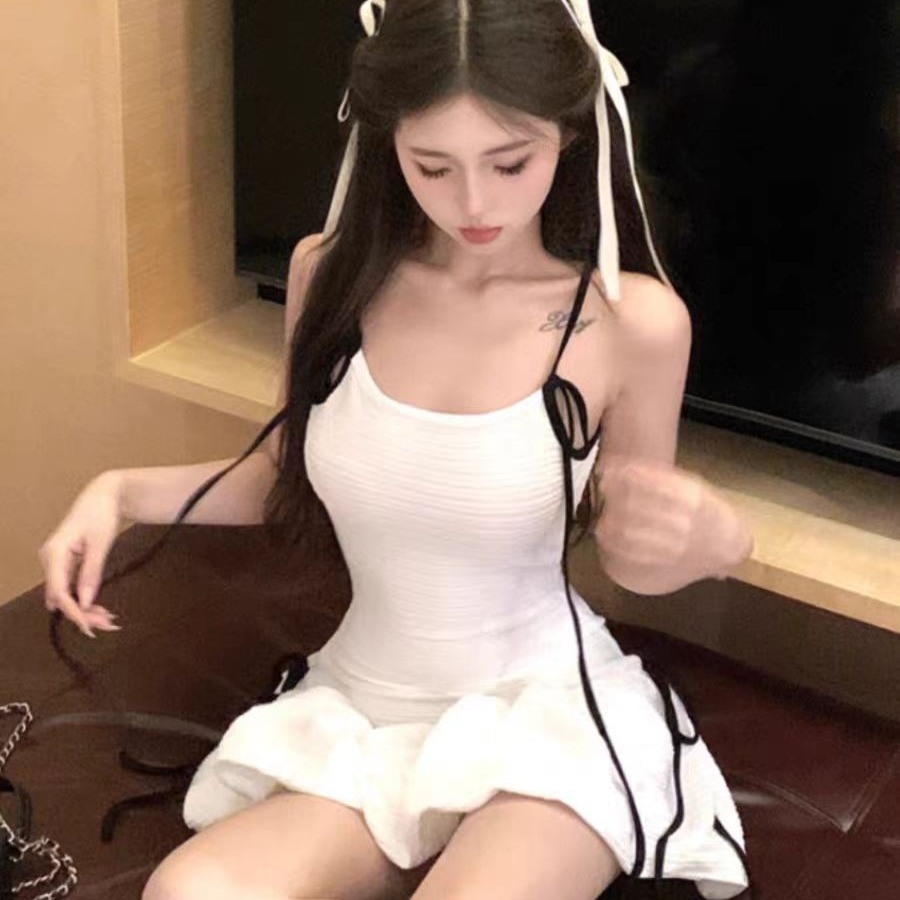 Pure Desire Sweet and Spicy White Bow Tie Suspender Dress Women's Backless Vacation Skirt One-Piece Swimsuit