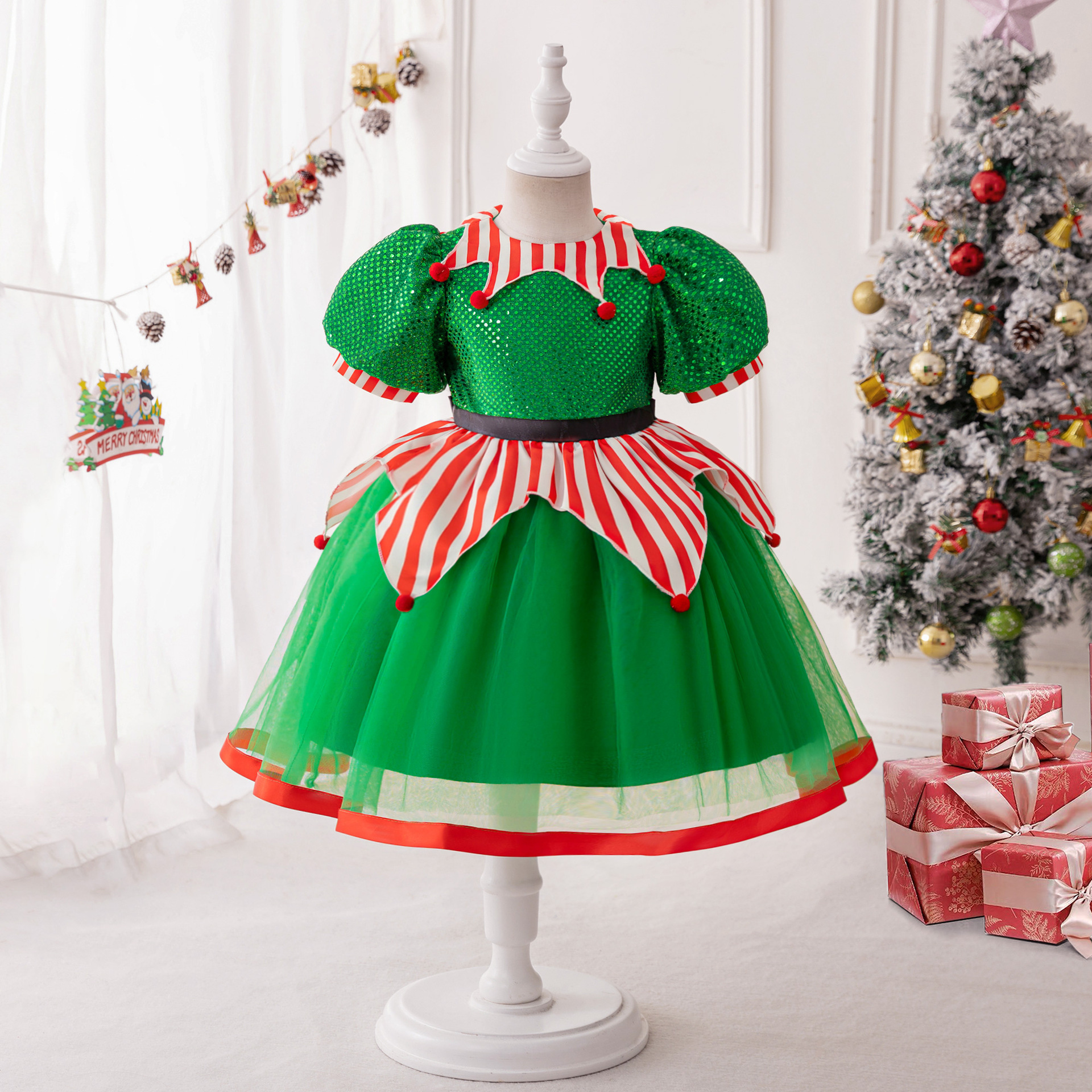 New Christmas Clown Costume Short-Sleeved Dress Sequined Green Elf Cosplay Princess Dress Performance Costume