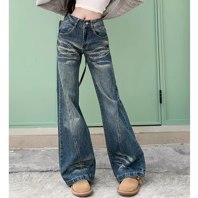 American-style Retro Slima Jeans Women's Stitching Summer New Style Spice Girls Low-waisted Loose No-leg Straight Flare Pants