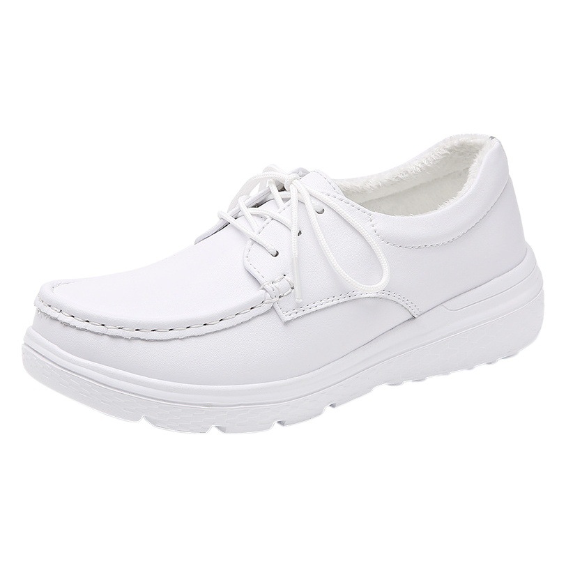 in stock lace-up nurse shoes leather women's soft bottom black autumn and winter fleece-lined thick bottom non-slip work shoes customized wholesale