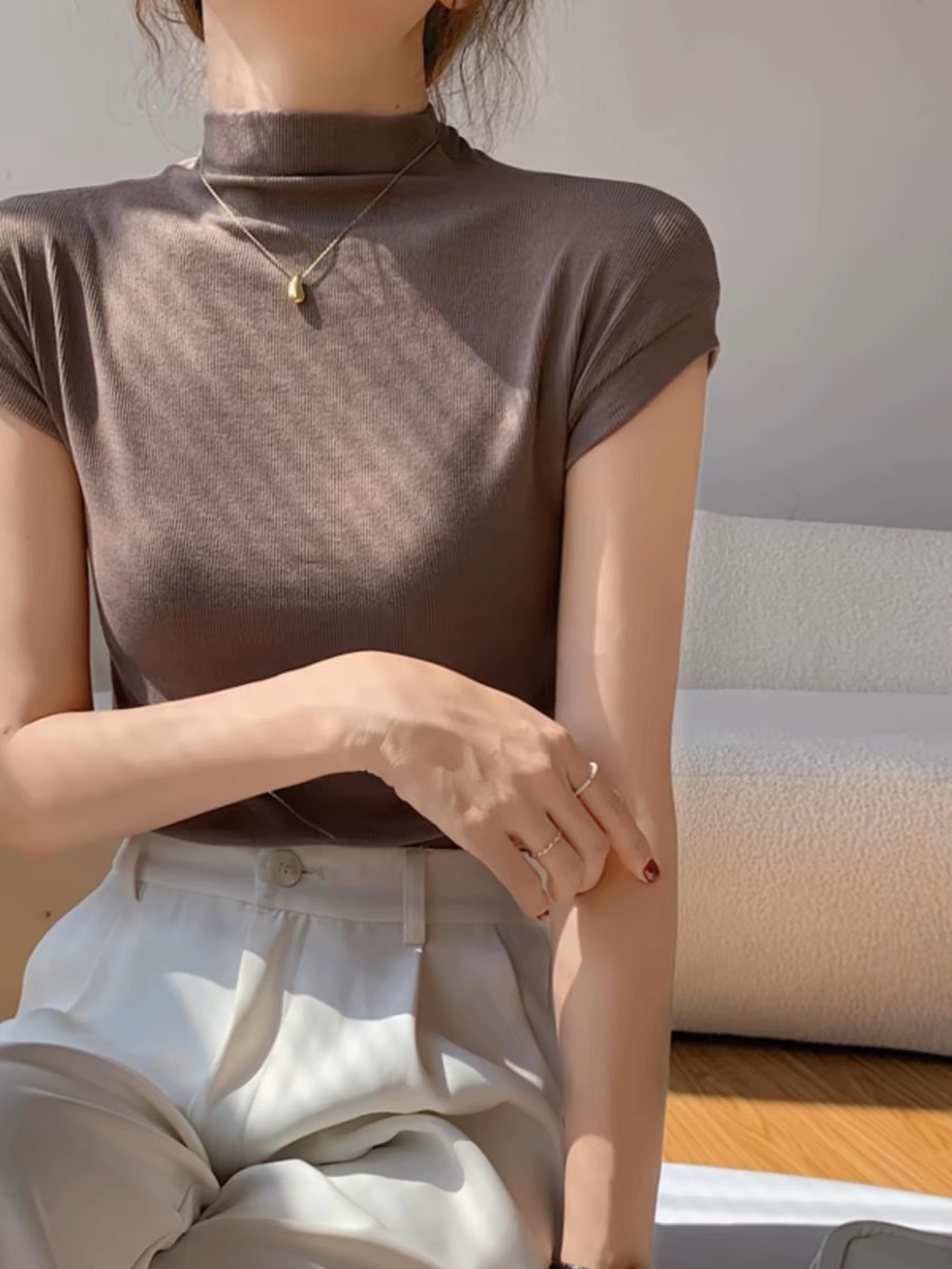 Picture of Korean Style Elegant Slim Mid-Collar Threaded Short-Sleeved T-Shirt for Women 2025 Spring and Summer Half Turtleneck White Bottoming Shirt Top Ins