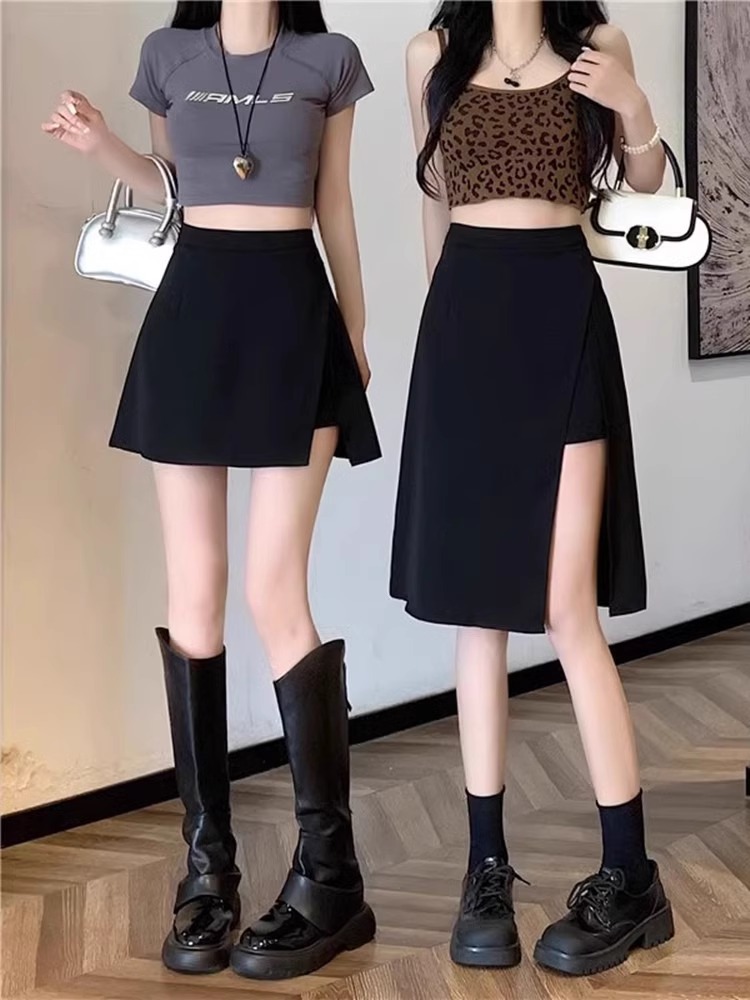 Black plus size Split A- line Hip Skirt Women's Summer All-match Anti-glare High Waist Belly Covering Slimming Suit Long Skirt