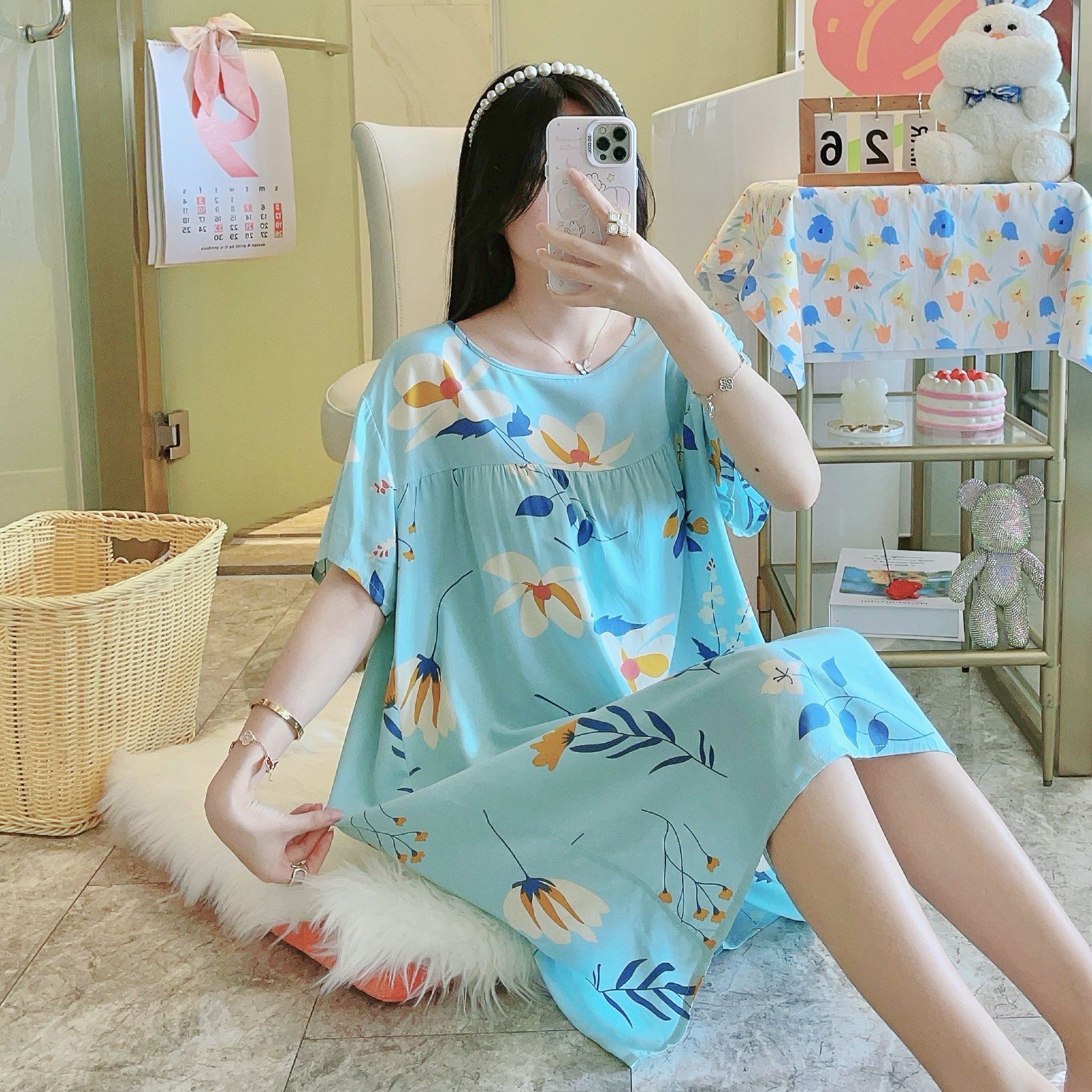 Picture of Cotton Silk Nightgown Women's Spring and Autumn Summer Thin Pajamas Korean Sweet Girls Online Celebrant Live Explosions Home Outwear Skirt