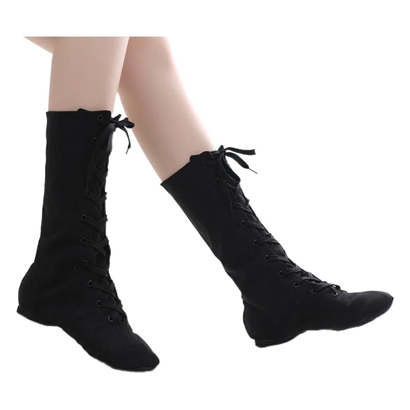 Black Extended Canvas Jazz Boots High-rise Modern Dance Shoes High-top Women's Soft-soled Dance Shoes Sports Practice Stage Performance