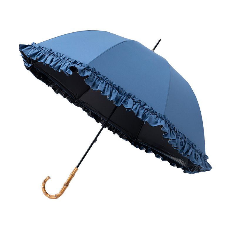 Picture of Large Lace Vinyl Sun Protection Umbrella Anti-Uv Parasol Bamboo Curved Handle Straight Umbrella Manual Sunny Umbrella Wholesale