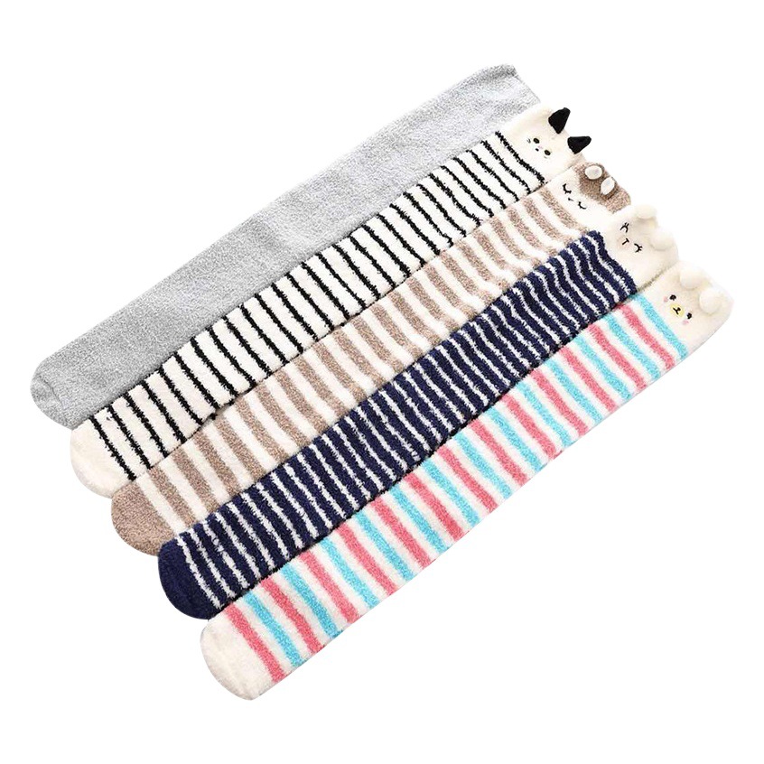 Autumn and Winter Long Coral Fleece Socks Women's Knee Thickened Warm Sleep Towel Striped Socks Foreign Trade New
