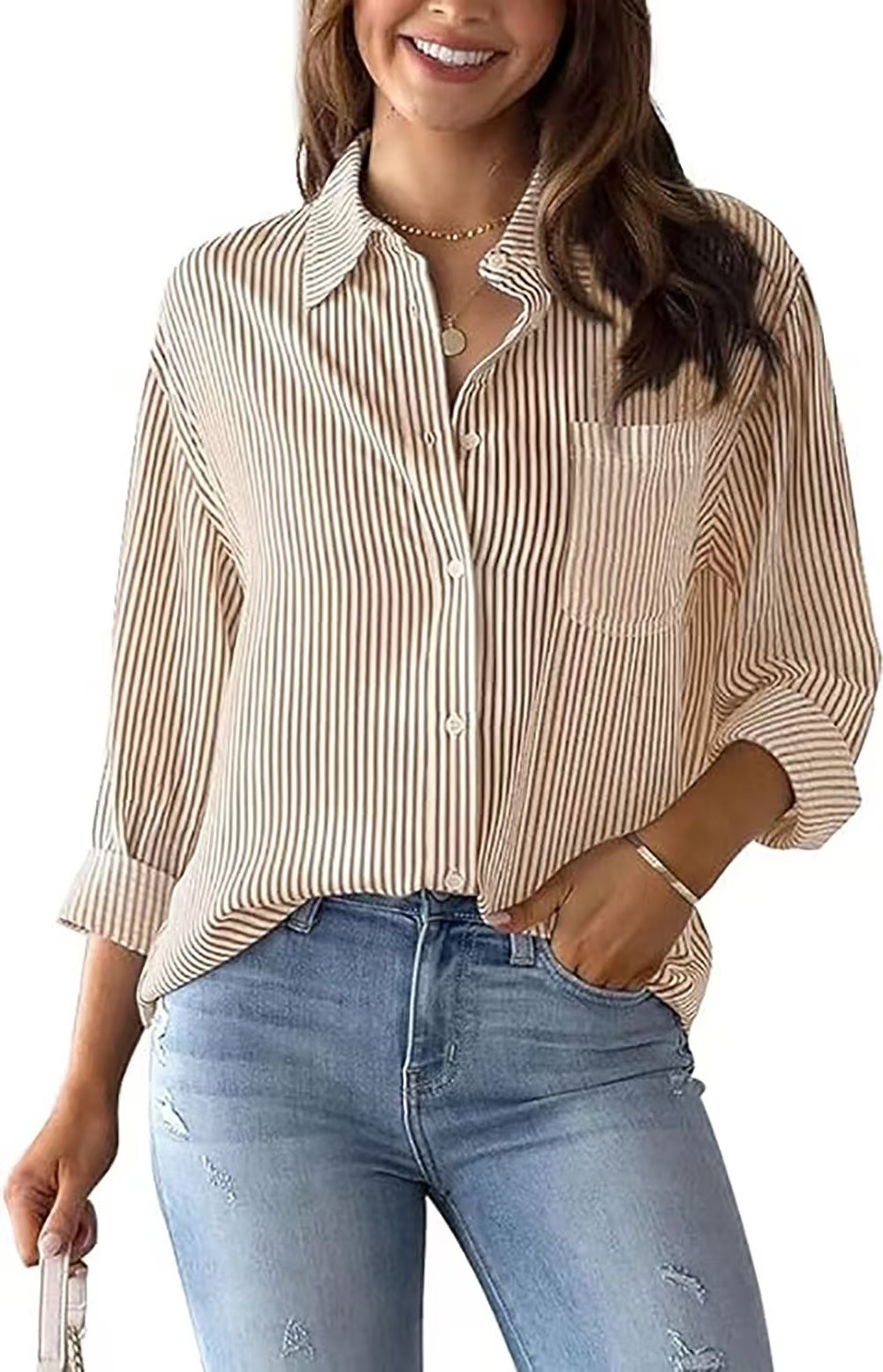 Picture of 2024 Amazon Foreign Trade Cross-border Autumn New Printed Striped Cardigan Top Casual Fashion Long Sleeve Shirt for Women
