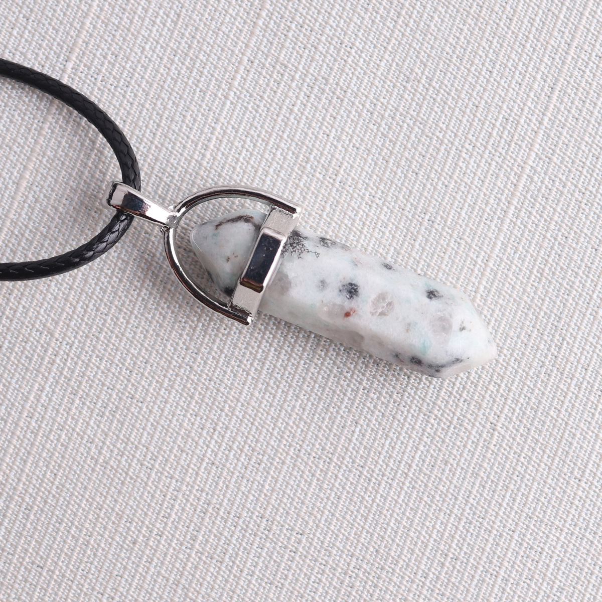 Picture of Natural Stone Hexagonal Pendant European and American Natural Crystal Hexagonal Prism Bullet Hexahedral Black Wax Rope Necklace