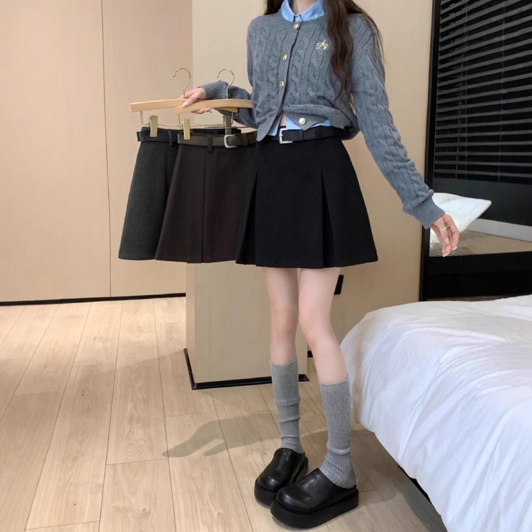 Belly-Covering Skirt Autumn and Winter plus size Temperament All-Match A- Line Skirt High Waist Slimming Skirt chubby girl-Covering Hip Pleated Skirt