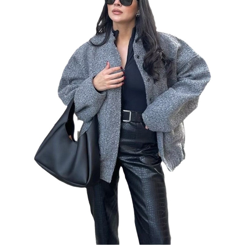 2025 cross-border European and American new women's casual color stand collar single breasted large pocket loose and comfortable long sleeve coat