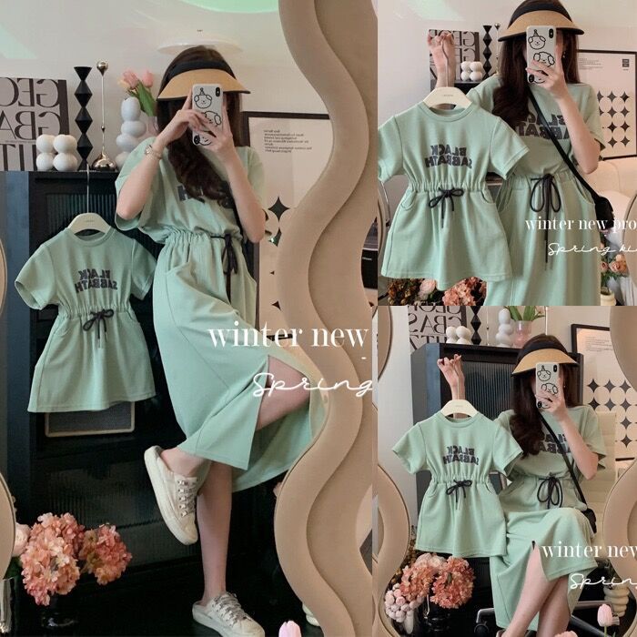 Picture of Parent-child summer dress for a family of three mother and daughter high-end foreign style girls French dress baby mother and child cotton t