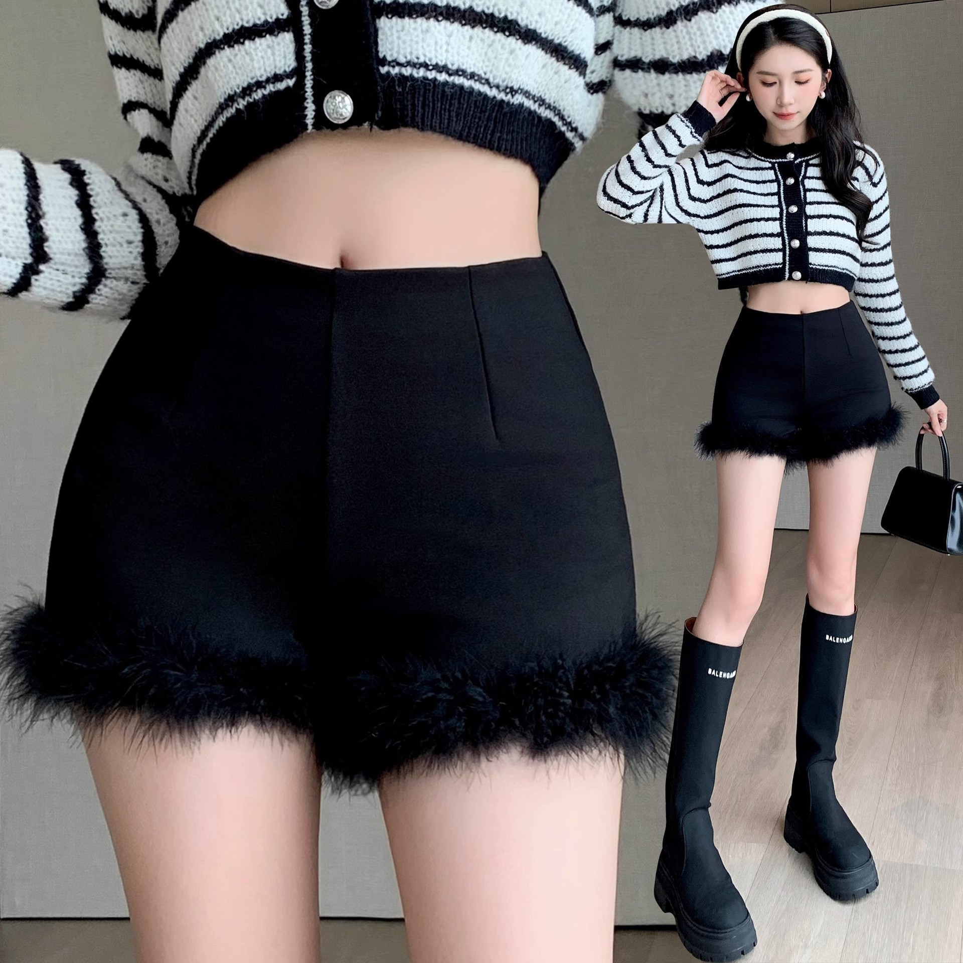 Black Fur Edge Shorts Women's Autumn and Winter 2024 New Style Outer Wear Fashionable Slim-fit Slimming High Waist A- shaped Hot Pants for Hot Girls