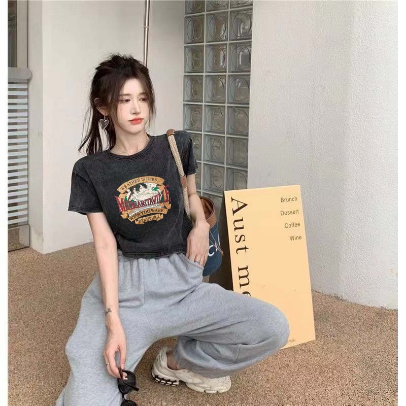 American Style Retro Hot Girl Wash Water Short-sleeved T-shirt Women's Pure Cotton Washed Old Slim-fit Slimming Short Bm Style Top Ins