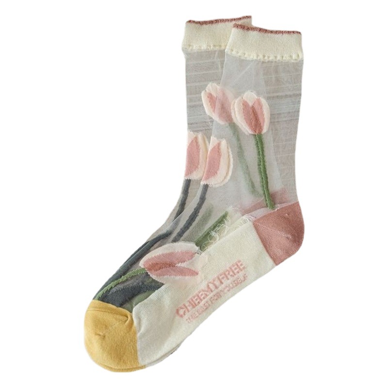 Spring and summer tulip fairy wind transparent crystal glass silk women's socks wholesale ins trend card stockings