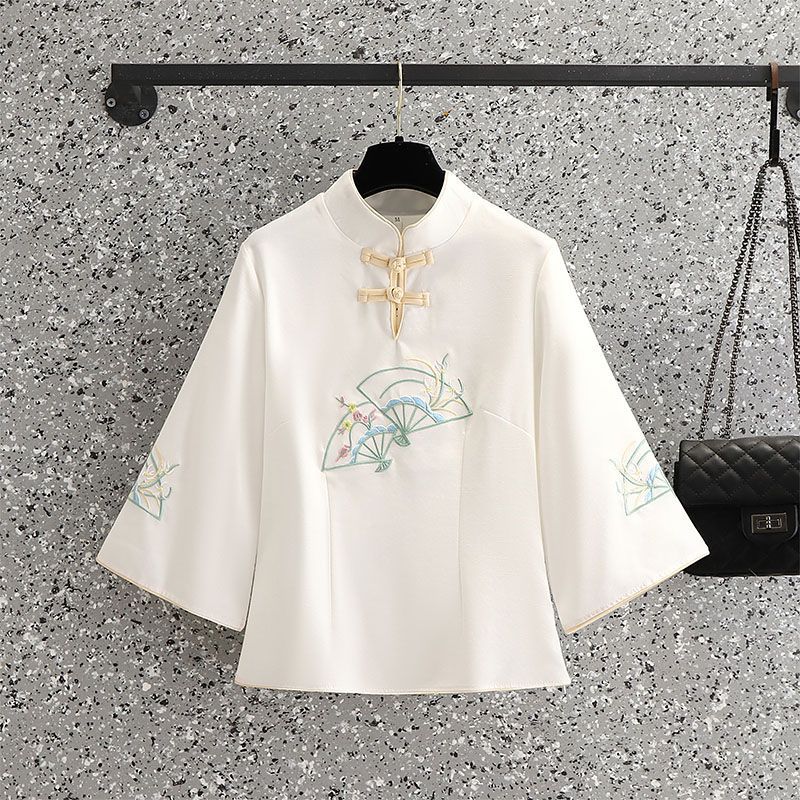 Picture of Republic of China Style Vertical Collar plus size Slimming Tang Suit Chinese Embroidery Retro Elegant suit Wide Leg Pants Two-Piece Set for Summer