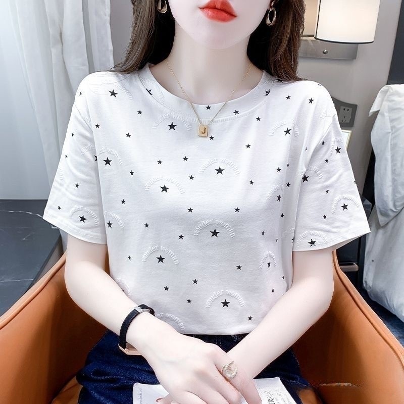 Summer Women's Right Shoulder Short-Sleeved T-Shirt New Loose Large Size Fat mm White Half-Sleeved T-Shirt Top Summer Ins Trend