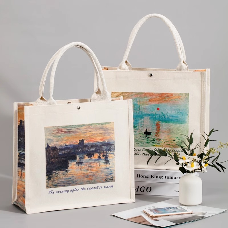 Van Gogh Oil Painting Canvas Bag Female Fashion College Students Environmental Protection Graffiti Art Handbag Large Capacity Canvas Bag Logo