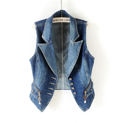 2024 summer new suit collar sleeveless Denim vest women's short vest vest clip motorcycle waistcoat