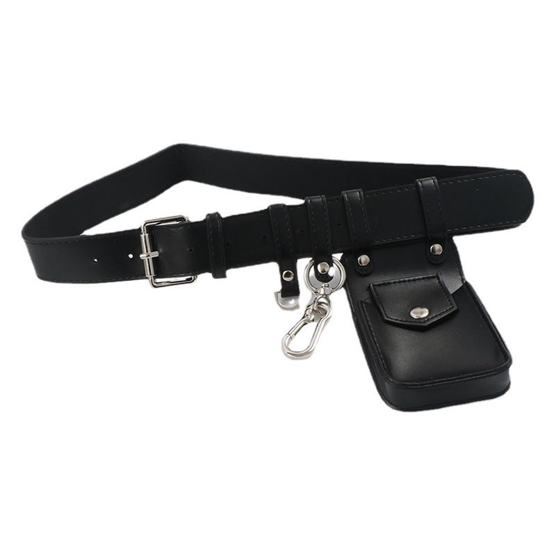Xiaoming classmate punk trend black mini vertical bag with hook concave shape design feeling waist bag belt Women's cool