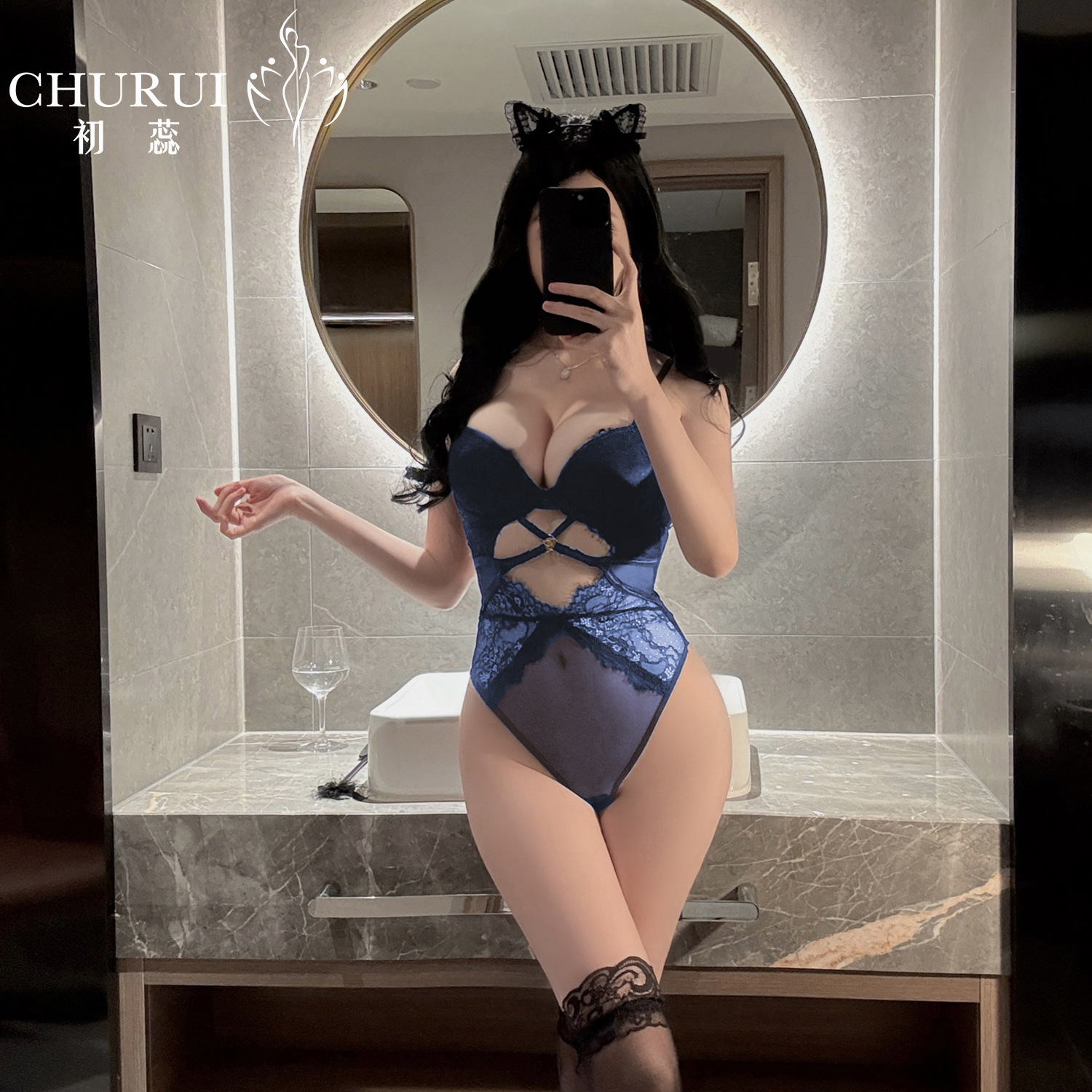 Chu Rui sexy lingerie sexy lace with chest pad bodysuit uniform pure desire temptation pajamas qqny set 6564