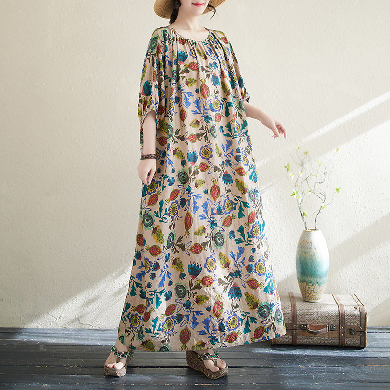 Foreign Trade dress Round Neck with Shoulder Sleeve Loose Large Swing Dress Women plus size Bohemian Leisure Holiday dress