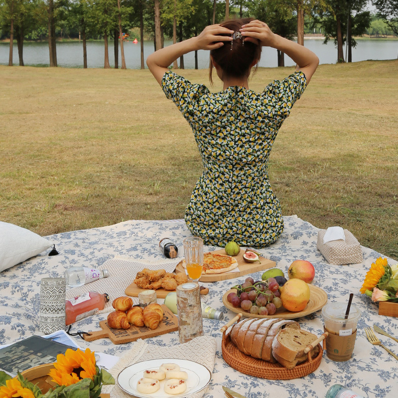 Picture of Vintage Korean ins Style Blue Floral Picnic Cloth Background Cloth Spring Camping Outdoor Outing Moisture-Proof Picnic Mat