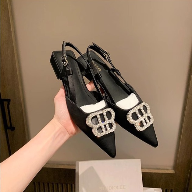 Grape Mom's Same Style Margaret ~ Elegant Small Pointed Toe Rhinestone Diamond Slimming Look French Back Empty Shoes for Women Genuine Leather Cool